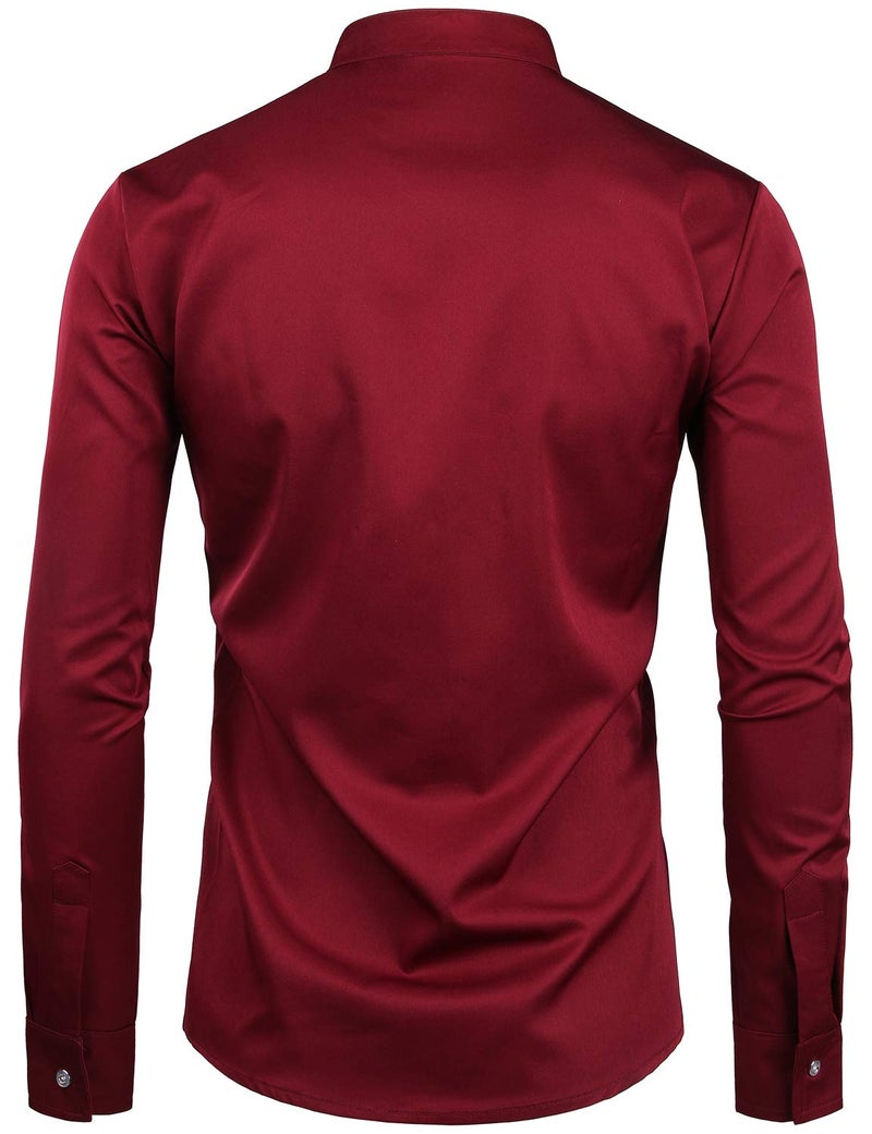 ZEROYAA Mens Hipster Design Golden Floral Embroidery Slim Fit Long Sleeve Mandarin Collar Shirts Tops ZZCL08 Burgundy Medium - Image 2